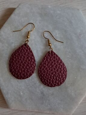Leather Teardrop Dangle Earrings - Burgundy